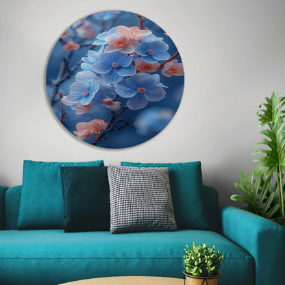 Blauwe bloemen in bloei aan takken aluminium muurcirkel