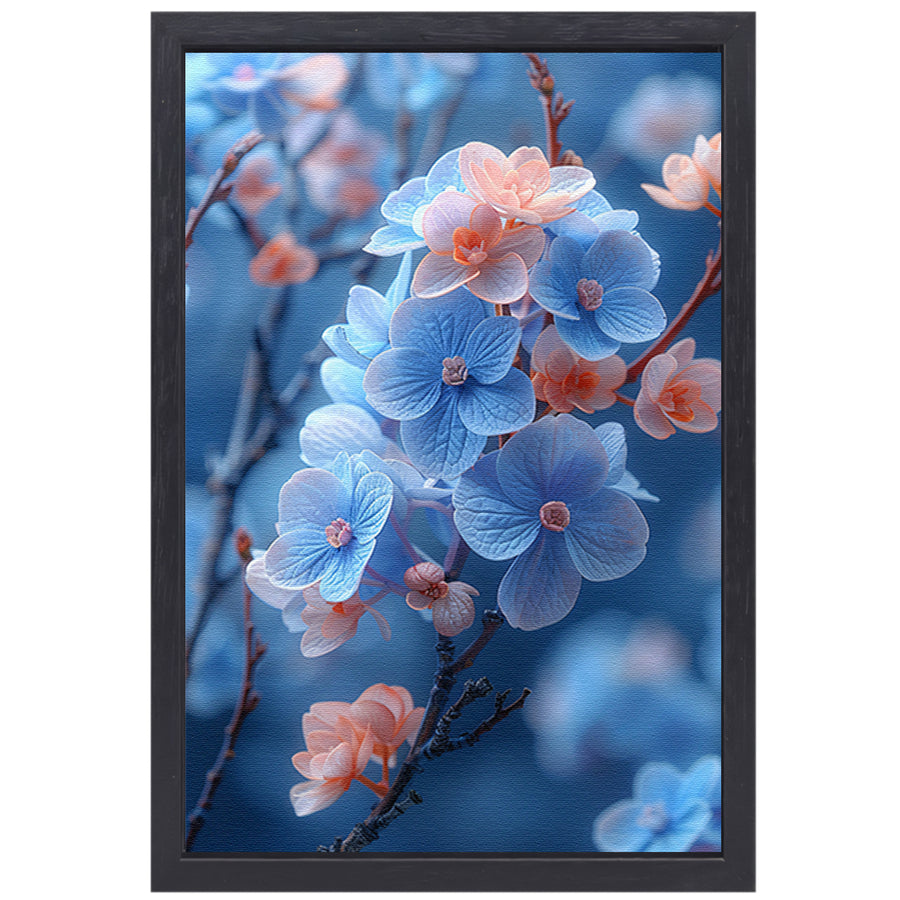 Blauwe bloemen in bloei aan takken canvas met baklijst