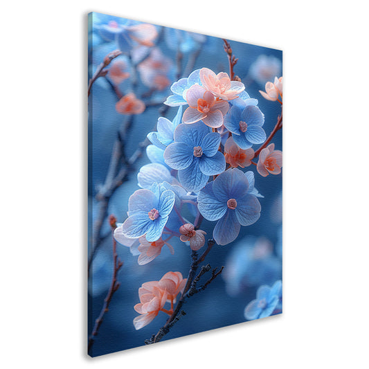 Blauwe bloemen in bloei aan takken canvas