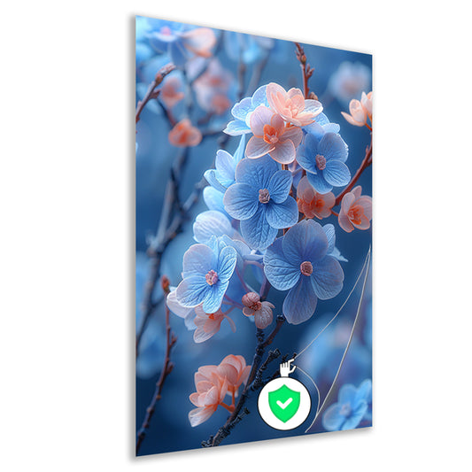 Blauwe bloemen in bloei aan takken poster