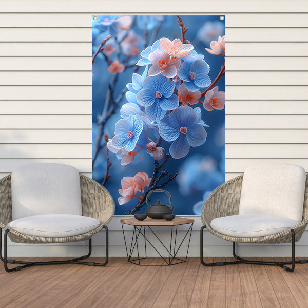 Blauwe bloemen in bloei aan takken tuinposter