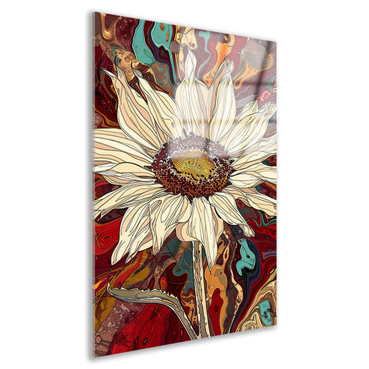Kleurrijke zonnebloem met psychedelische achtergrond acrylglas