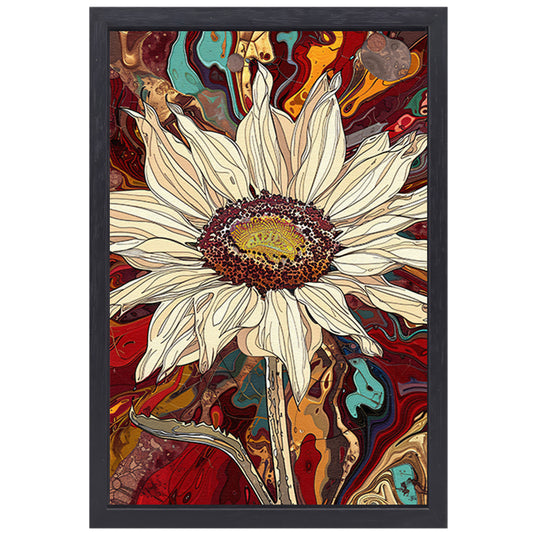 Kleurrijke zonnebloem met psychedelische achtergrond canvas met baklijst