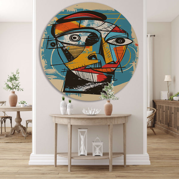 Kubistisch portret in levendige kleuren aluminium muurcirkel