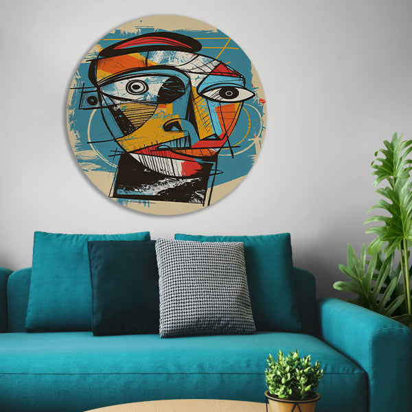 Kubistisch portret in levendige kleuren aluminium muurcirkel