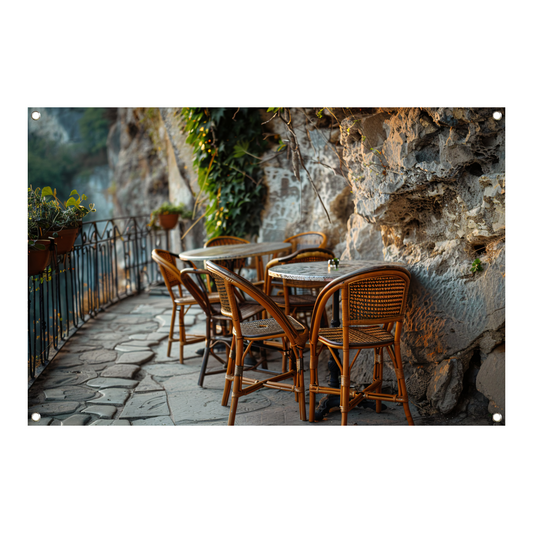 Rustiek Terras met Bistrostoelen bij Schemer tuinposter