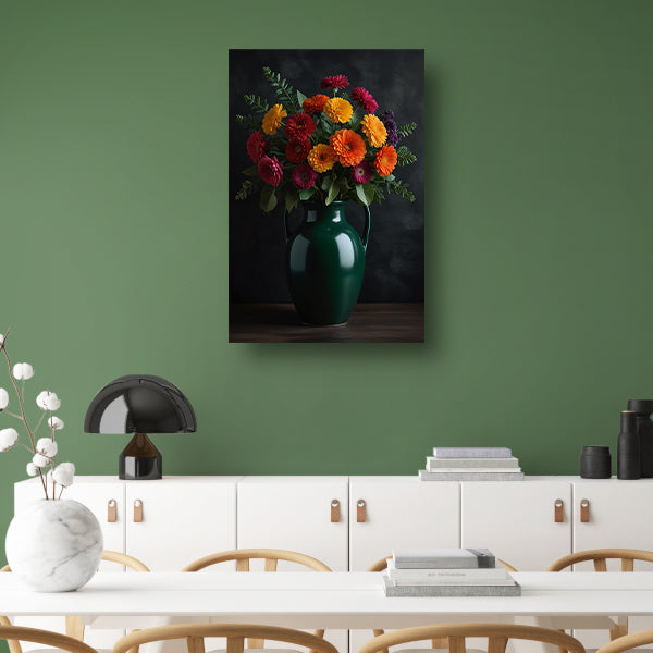 Levendig Bloemenboeket in Elegante Groene Vaas canvas