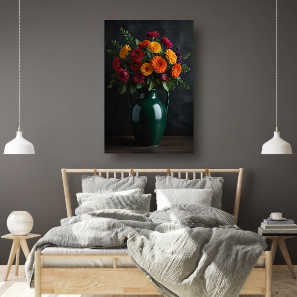 Levendig Bloemenboeket in Elegante Groene Vaas canvas