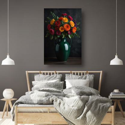 Levendig Bloemenboeket in Elegante Groene Vaas canvas