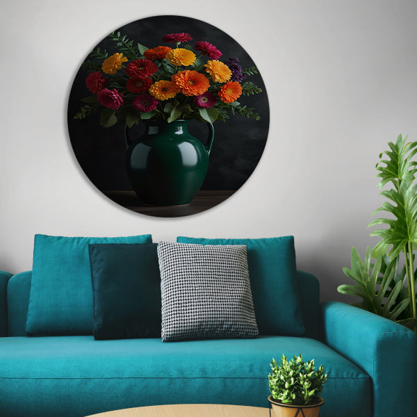 Levendig Bloemenboeket in Elegante Groene Vaas aluminium muurcirkel