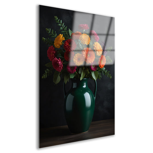Levendig Bloemenboeket in Elegante Groene Vaas acrylglas