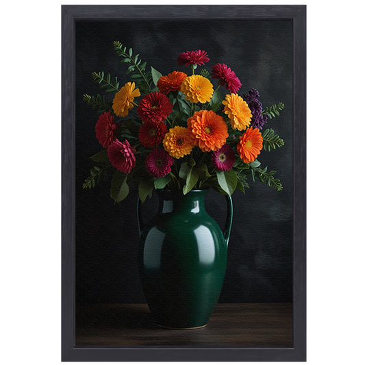 Levendig Bloemenboeket in Elegante Groene Vaas canvas met baklijst