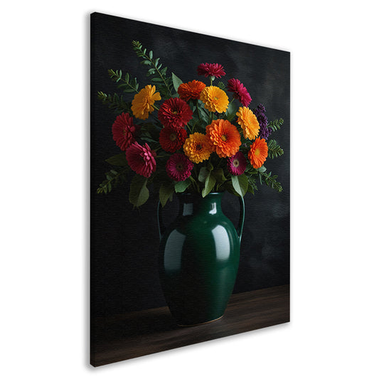Levendig Bloemenboeket in Elegante Groene Vaas canvas