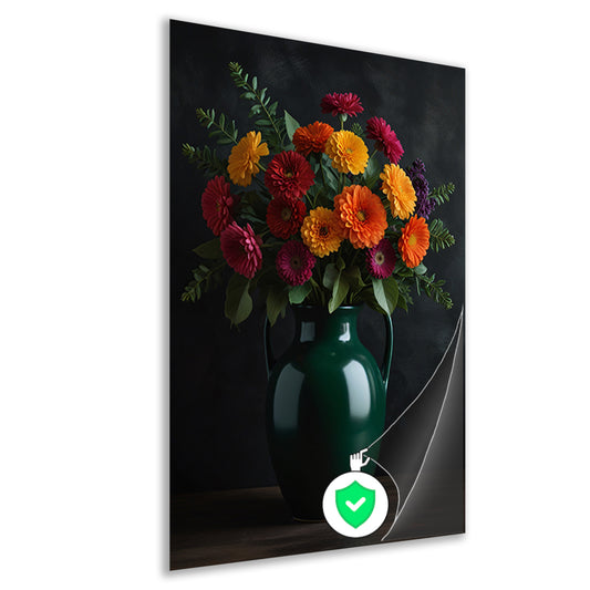 Levendig Bloemenboeket in Elegante Groene Vaas poster