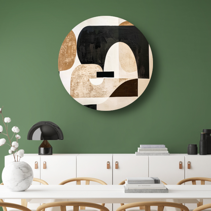 Abstracte Harmonie in Zwart, Beige en Goud aluminium muurcirkel