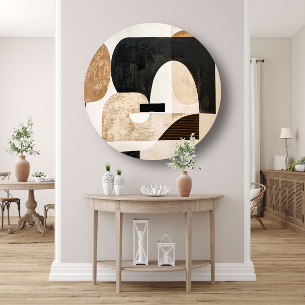 Abstracte Harmonie in Zwart, Beige en Goud aluminium muurcirkel