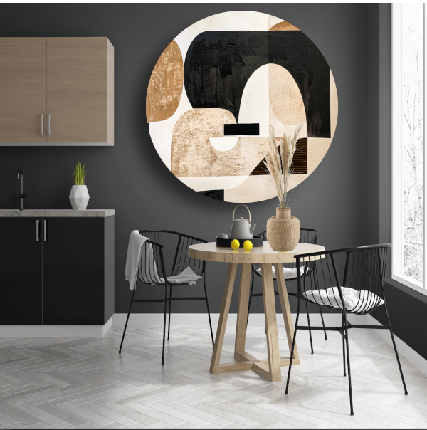 Abstracte Harmonie in Zwart, Beige en Goud aluminium muurcirkel