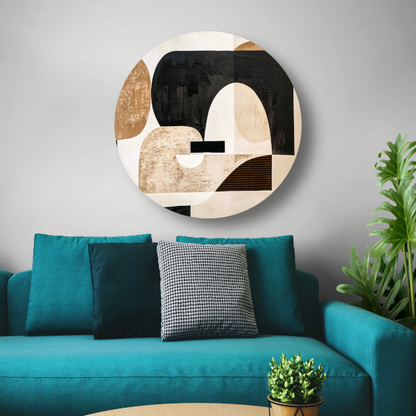 Abstracte Harmonie in Zwart, Beige en Goud aluminium muurcirkel