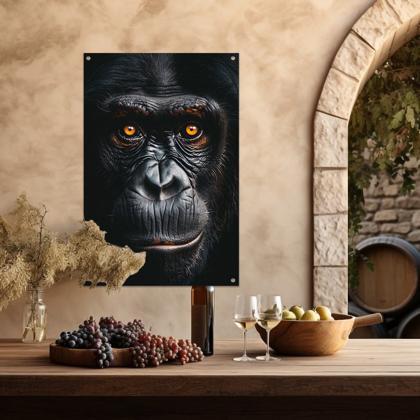 Indringend portret van een aap met intense blik tuinposter