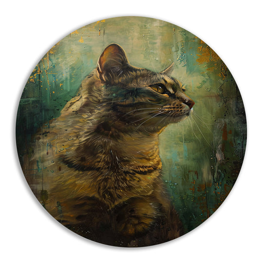 Elegante kat in kleurrijke olieverf aluminium muurcirkel