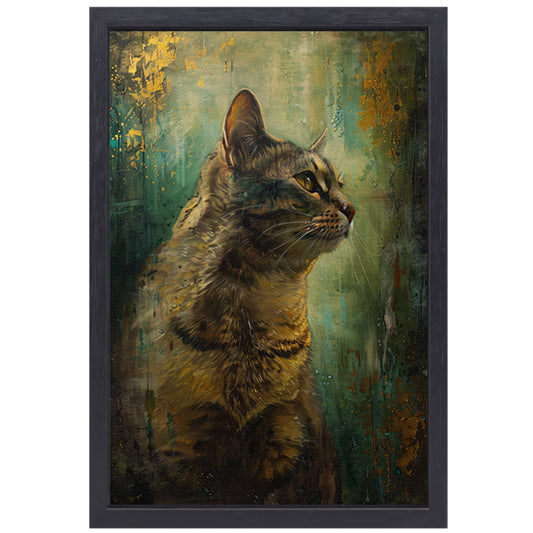 Elegante kat in kleurrijke olieverf canvas met baklijst