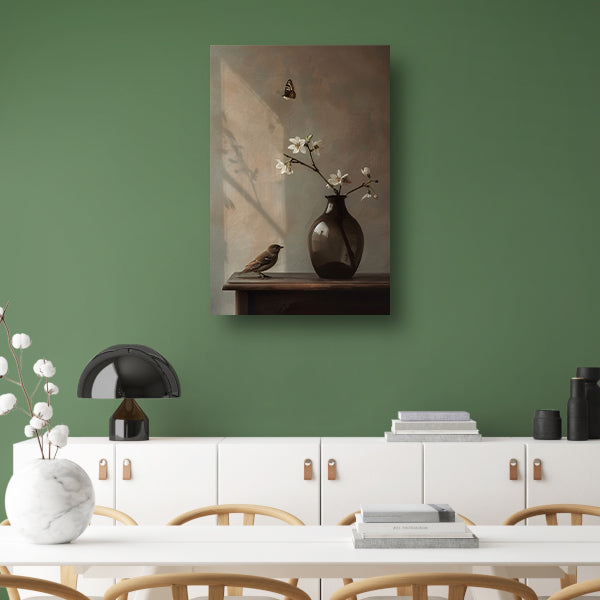 Canvas schilderij - Stilleven met Vogel en Witte Bloesem