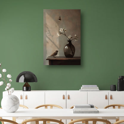 Canvas schilderij - Stilleven met Vogel en Witte Bloesem