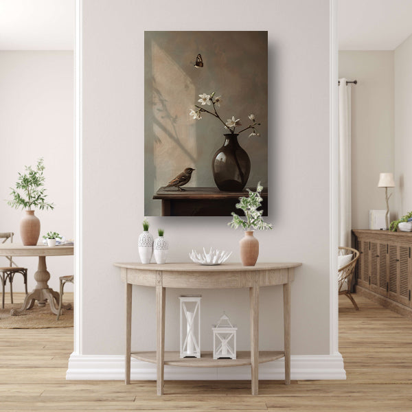 Canvas schilderij - Stilleven met Vogel en Witte Bloesem