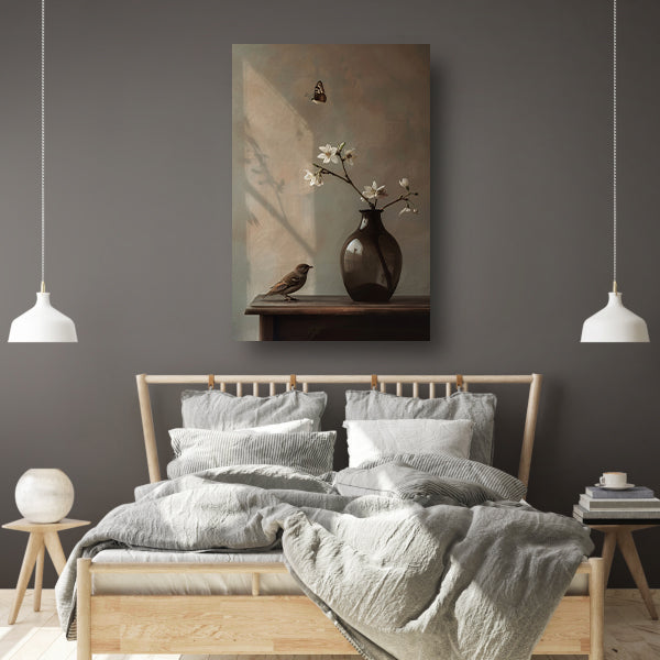 Canvas schilderij - Stilleven met Vogel en Witte Bloesem