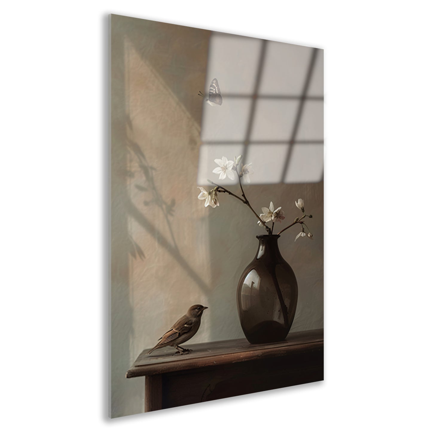 Stilleven met Vogel en Witte Bloesem acrylglas