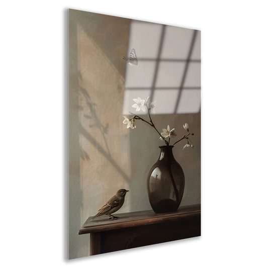 Stilleven met Vogel en Witte Bloesem acrylglas
