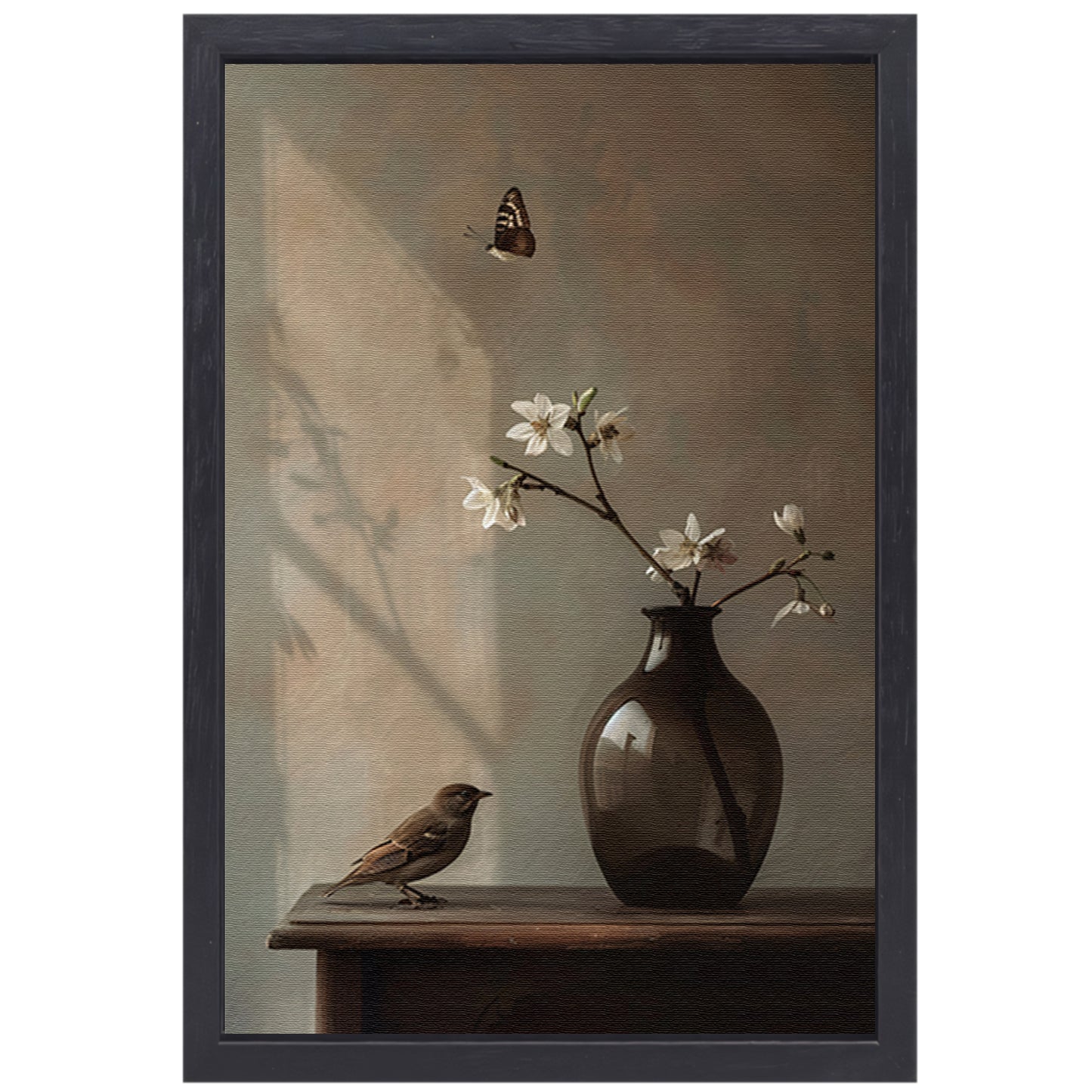 Stilleven met Vogel en Witte Bloesem canvas met baklijst