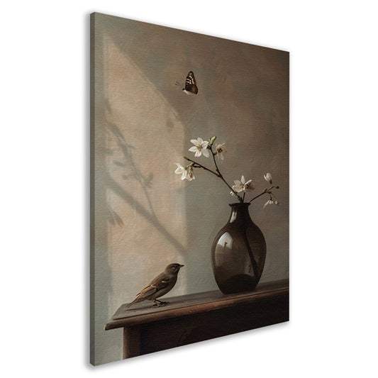Canvas schilderij - Stilleven met Vogel en Witte Bloesem