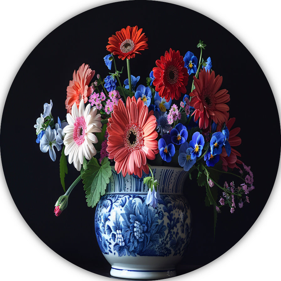Elegante bloemenpracht in klassieke blauw-witte vaas aluminium muurcirkel