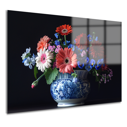 Elegante bloemenpracht in klassieke blauw-witte vaas acrylglas