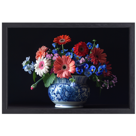 Elegante bloemenpracht in klassieke blauw-witte vaas canvas met baklijst