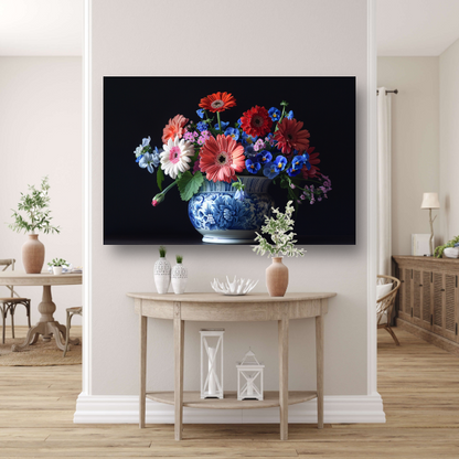 Elegante bloemenpracht in klassieke blauw-witte vaas poster