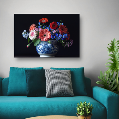 Elegante bloemenpracht in klassieke blauw-witte vaas poster