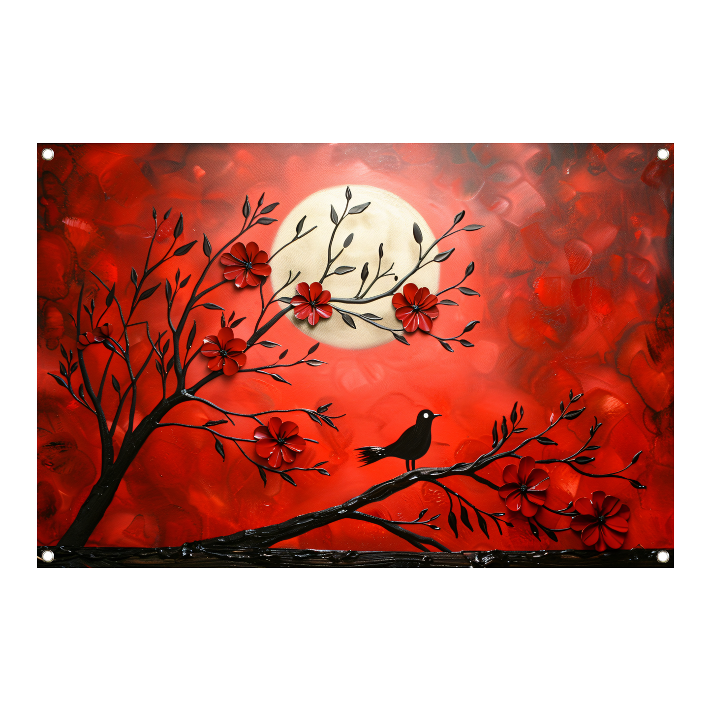 Abstracte vogel en bloemen op rode achtergrond tuinposter