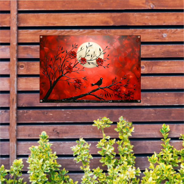 Abstracte vogel en bloemen op rode achtergrond tuinposter