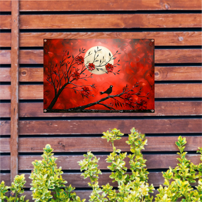 Abstracte vogel en bloemen op rode achtergrond tuinposter