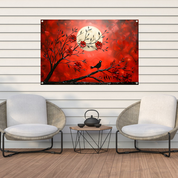 Abstracte vogel en bloemen op rode achtergrond tuinposter