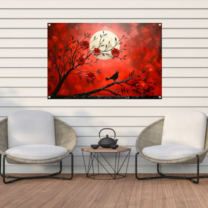 Abstracte vogel en bloemen op rode achtergrond tuinposter