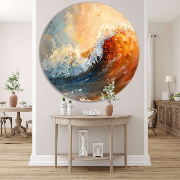 Dynamisch impressionistisch schilderij van een golf aluminium muurcirkel