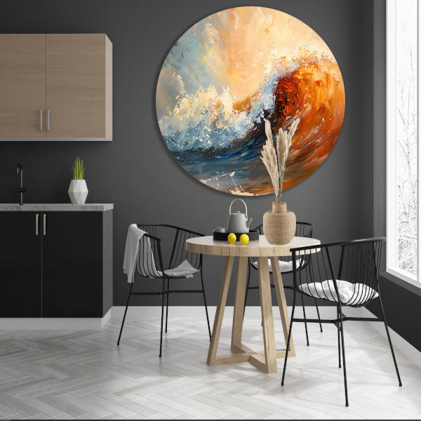 Dynamisch impressionistisch schilderij van een golf aluminium muurcirkel