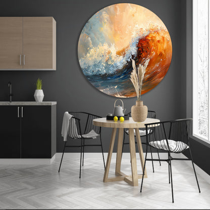 Dynamisch impressionistisch schilderij van een golf aluminium muurcirkel