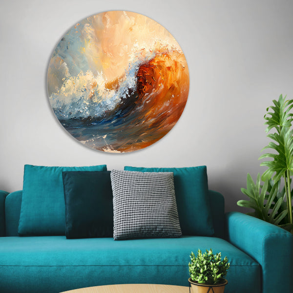 Dynamisch impressionistisch schilderij van een golf aluminium muurcirkel