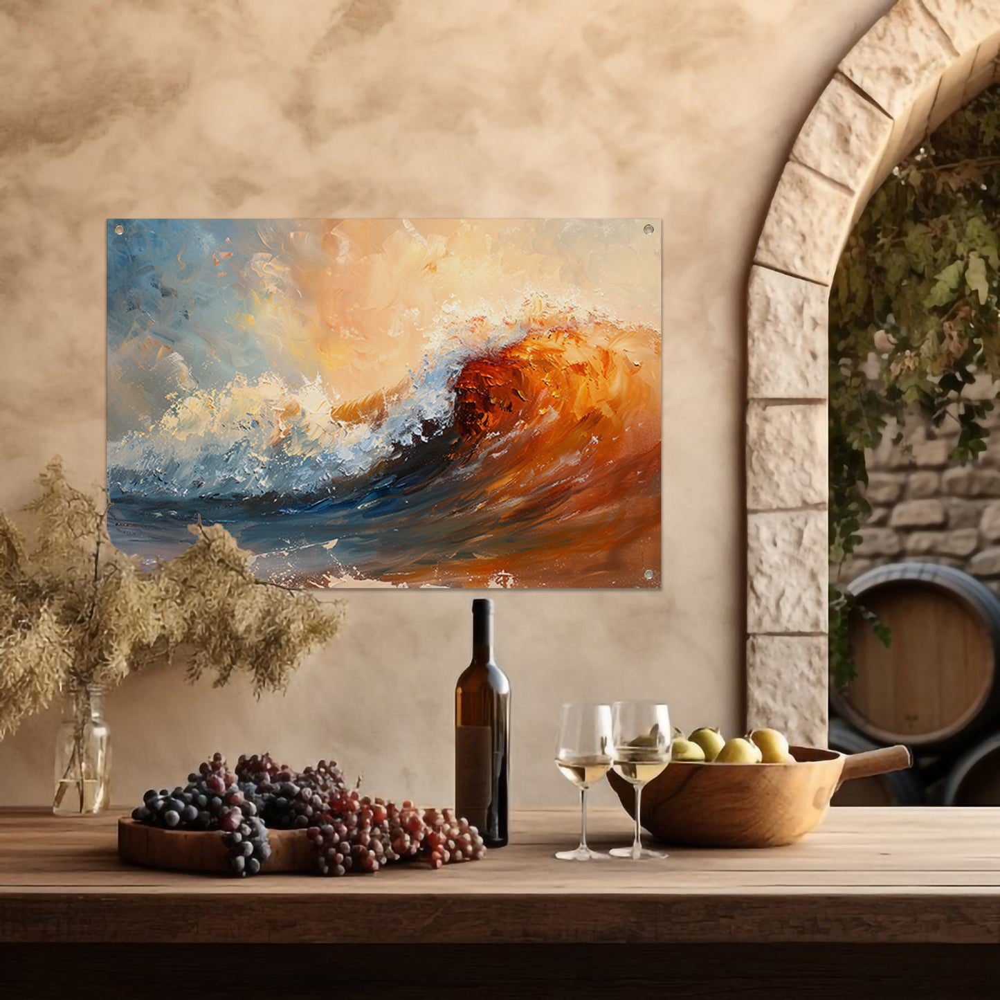 Dynamisch impressionistisch schilderij van een golf tuinposter