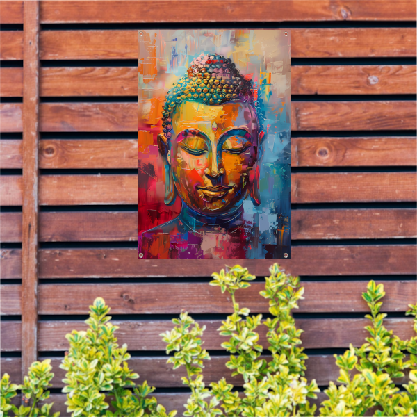 Dynamisch en kleurrijk olieverfschilderij van Boeddha tuinposter