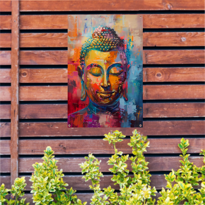 Dynamisch en kleurrijk olieverfschilderij van Boeddha tuinposter